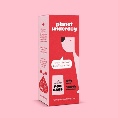 60 sacchetti per cacca di cane compostabili Planet Underdog - scatola rossa