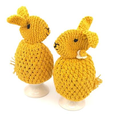 sustainable egg warmer bunny made of organic cotton - yellow - handmade in Nepal - crochet rabbit egg cozy yellow