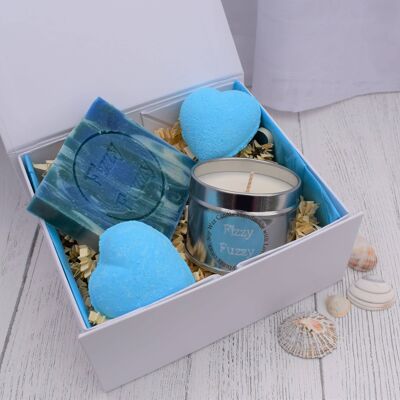 Blue Ocean Gift Set with Handmade Bath Bombs, Soap, Candle