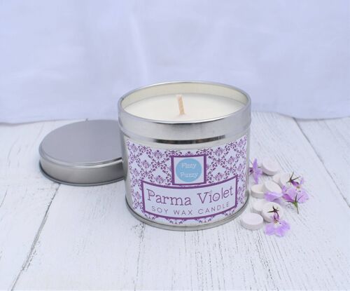 Parma Violet Luxury Soy Wax Candle in Tin. Large 200g.