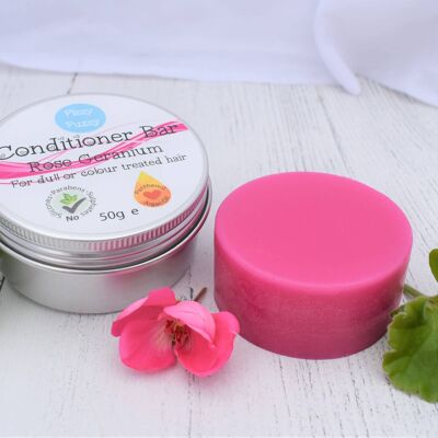 Solid Conditioner Bar in tin. Rose Geranium.