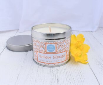 Bougie de luxe en cire de soja Mellow Mango en étain. Grand 200g. 1