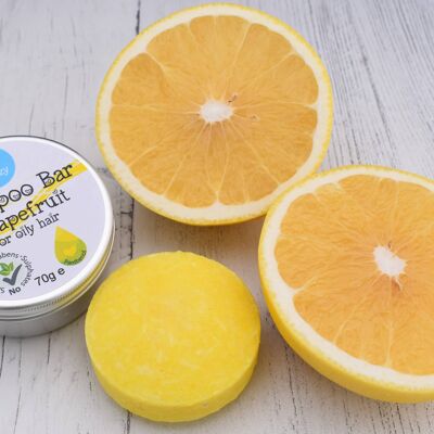 Solid Shampoo Bar in tin. Grapefruit for oily hair.