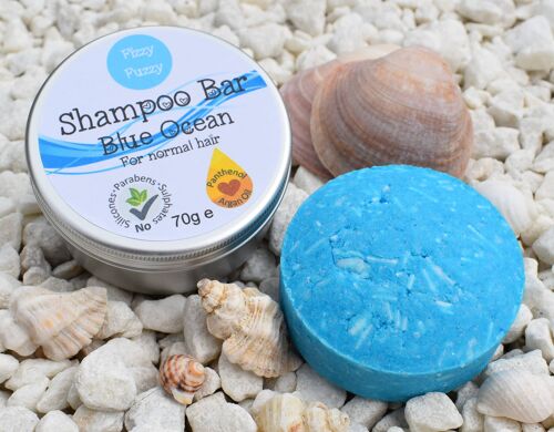 Solid Shampoo Bar in tin. Blue Ocean. For normal hair.
