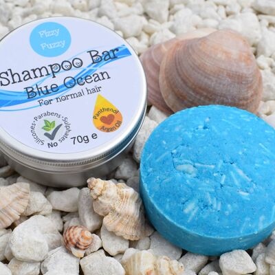 Barre de shampoing solide en étain. Océan bleu. Pour cheveux normaux.