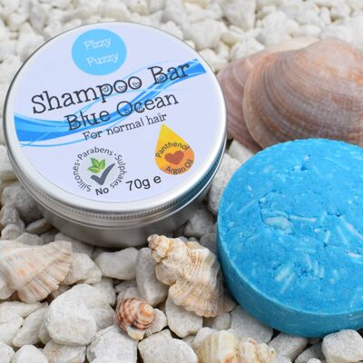 Festes festes Shampoo in der Dose. Blaues Meer. Für normales Haar.