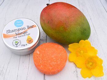 Barre de shampoing solide en étain. Mangue. Pour cheveux normaux. 1