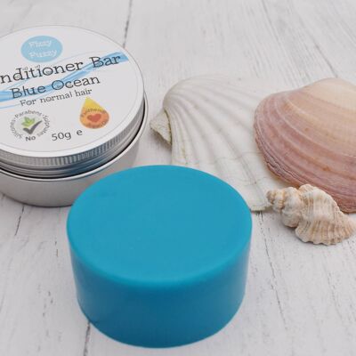 Solid Conditioner Bar in tin. Blue Ocean. For normal hair.