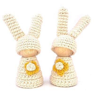 sustainable wooden cone doll - organic cotton - off-white - hand crocheted in Nepal - wooden cone doll rabbit