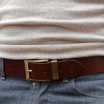 leather belt universal size Mahogany leather Old brass buckle