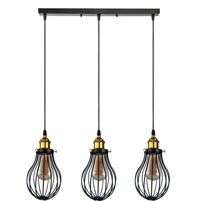 Moderne Vintage industrielle schwarze Metalldrahtkäfig-Loft-Pendelleuchte-Deckenleuchte ~ 3448 – 3-Kopf-Rechteck-Basis – Ja