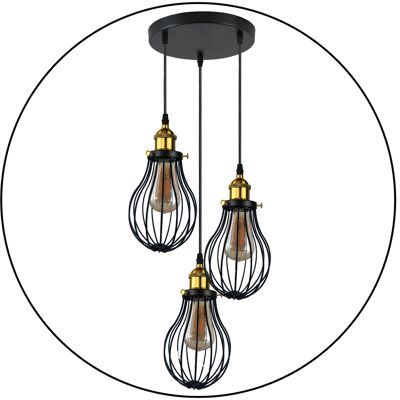 Industriale 3 teste Lampada da soffitto a sospensione a sospensione nera con copertura decorativa a gabbia ~ 3445