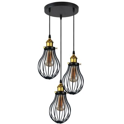 Accessoires suspendus industriels noirs à 3 têtes Couvercle de plafonnier Luminaire décoratif à cage ~ 3427 - Pendentif rond à 3 prises - Oui