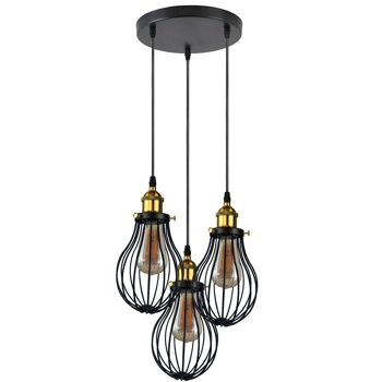 Accessoires suspendus industriels noirs à 3 têtes Couvercle de plafonnier Luminaire décoratif à cage ~ 3427 - Pendentif rond à 3 prises - Oui 7