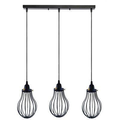 Lampadario a sospensione regolabile per interni da interno nero industriale retrò Lampadario a soffitto a gabbia grande ~ 3398 - Base rettangolare a 3 teste - No