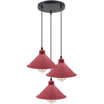 Lustre suspendu industriel rétro abat-jour conique de plafond couleur rose Suspension en métal Vintage ~ 1001 - Suspension ronde à 3 têtes - oui