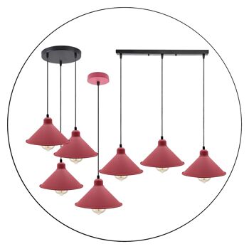 Lustre suspendu industriel rétro abat-jour conique de plafond couleur rose Suspension en métal Vintage ~ 1001 - Suspension ronde à 3 têtes - oui 2