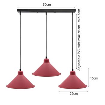 Lustre suspendu industriel rétro abat-jour conique de plafond couleur rose Suspension en métal Vintage ~ 1001 - Suspension ronde à 3 têtes - oui 3