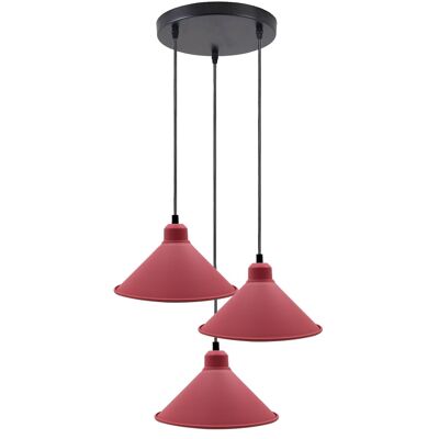 Lustre suspendu industriel rétro abat-jour conique de plafond couleur rose suspension en métal Vintage ~ 1001 - Pendentif rond à 3 têtes - Non