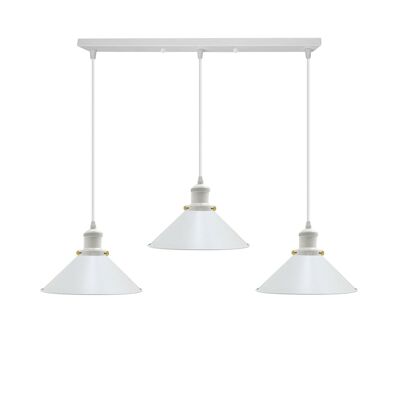 Lámpara colgante de 3 vías blanca industrial vintage Lámpara de techo para interiores Sombra en forma de cono de metal ~ 1004 - No