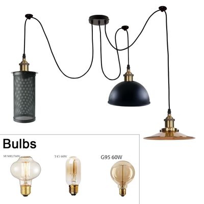 2m Pendelleuchte Käfig Retro Industrielle Deckenleuchte Spinnenlampe~1166 - 3 Steckdosen Typ 3 - Mit Glühbirnen