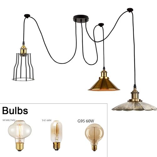 2m Pendant Light Cage Retro Industrial Ceiling Light Spider Lamp~1166 - 3 Outlet Type 4 - With Bulbs
