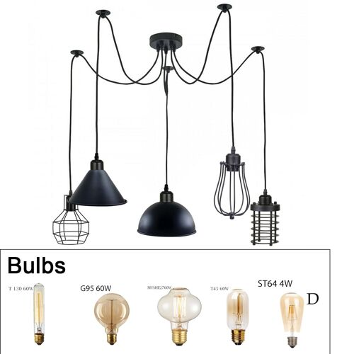 2m Pendant Light Cage Retro Industrial Ceiling Light Spider Lamp~1166 - 5 Outlet Type 2 - With Bulbs