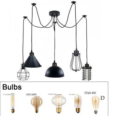 Lámpara colgante de 2 m con jaula, lámpara de techo industrial retro, lámpara de araña ~ 1166, 5 salidas tipo 2, con bombillas