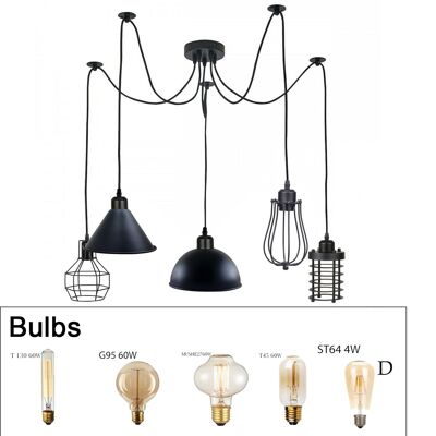 2m Pendelleuchte Käfig Retro Industrielle Deckenleuchte Spinnenlampe~1166 – 5 Steckdosen Typ 2 – mit Glühbirnen