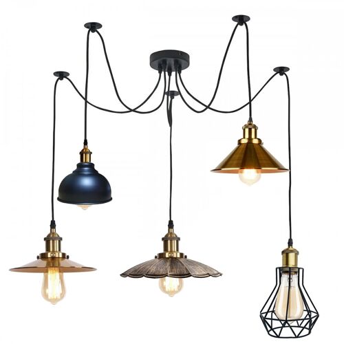 Multi Shade 2m Pendant Light Cage Retro Industrial Ceiling Light Spider Lamp~1167 - With Bulbs