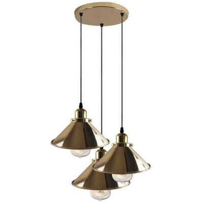 Moderne industrielle französische goldene hängende Deckenpendelleuchte Metallkegelform Innenbeleuchtung für Schlafzimmer, Küche, Wohnzimmer ~ 1171 - 3-Kopf-Anhänger - mit Glühbirne