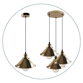 Éclairage d'intérieur en forme de cône en métal de suspension de plafond suspendu en or français industriel moderne pour chambre à coucher, cuisine, salon ~ 1171 - Suspension à 3 têtes - avec ampoule 2