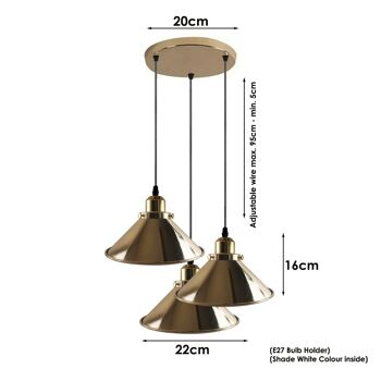 Éclairage d'intérieur en forme de cône en métal de suspension de plafond suspendu en or français industriel moderne pour chambre à coucher, cuisine, salon ~ 1171 - Suspension à 3 têtes - avec ampoule 3