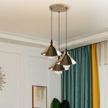 Éclairage d'intérieur en forme de cône en métal de suspension de plafond suspendu en or français industriel moderne pour chambre à coucher, cuisine, salon ~ 1171 - Suspension à 3 têtes - avec ampoule 7