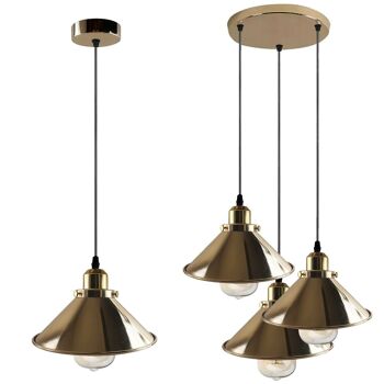 Éclairage d'intérieur en forme de cône en métal de suspension de plafond suspendu en or français industriel moderne pour chambre à coucher, cuisine, salon ~ 1171 - Suspension à 3 têtes - avec ampoule 9