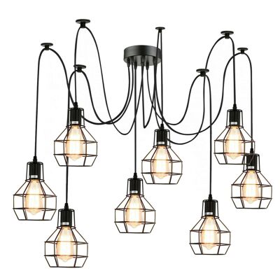 Retro Industrial Black Metal Nest Cage Ceiling 8 way Pendant Hanging Light Chandelier Indoor Lighting For Bar, Bedroom, Dining Room, Living Room~1180 - With Bulb