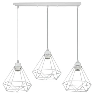 Lámpara colgante de techo de jaula de diamante blanco industrial retro Iluminación interior colgante para sótano, dormitorio, jardín de invierno, comedor, vestíbulo, garaje ~ 1182 - Base rectangular de 3 cabezales - Sin bombilla