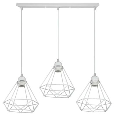 Retro Industrial White Diamond Cage Ceiling Pendant Light Hanging Indoor Lighting For Basement, Bedroom, Conservatory, Dining Room, Foyer, Garage~1182 - 3 Head Rectangle Base - Without Bulb