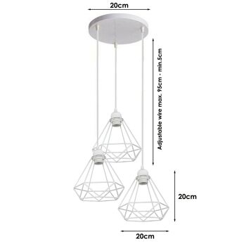 Suspension de plafond rétro industrielle en forme de cage de diamant blanc à suspendre pour sous-sol, chambre, véranda, salle à manger, foyer, garage ~ 1182 - Base rectangulaire à 3 têtes - Sans ampoule 5