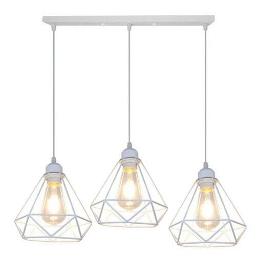 Retro Industrial White Diamond Cage Ceiling Pendant Light Hanging Indoor Lighting For Basement, Bedroom, Conservatory, Dining Room, Foyer, Garage~1182 - 3 Head Rectangle Base - With Bulb