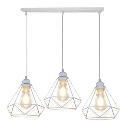 Retro Industrial White Diamond Cage Ceiling Pendant Light Hanging Indoor Lighting For Basement, Bedroom, Conservatory, Dining Room, Foyer, Garage~1182 - 3 Head Rectangle Base - With Bulb
