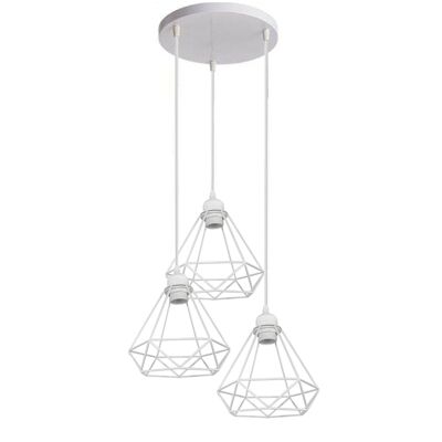 Retro Industrial White Diamond Cage Ceiling Pendant Light Hanging Indoor Lighting For Basement, Bedroom, Conservatory, Dining Room, Foyer, Garage~1182 - 3 Head Round Base - Without Bulb