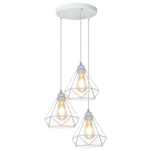 Retro Industrial White Diamond Cage Ceiling Pendant Light Hanging Indoor Lighting For Basement, Bedroom, Conservatory, Dining Room, Foyer, Garage~1182 - 3 Head Round Base - With Bulb