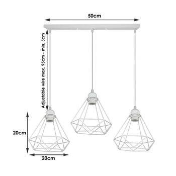 Suspension de plafond rétro industrielle en forme de cage de diamant blanc à suspendre pour sous-sol, chambre, véranda, salle à manger, foyer, garage ~ 1182 - Base ronde à 3 têtes - avec ampoule 6