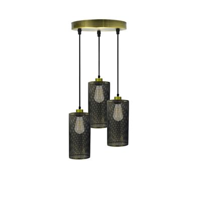 Deckenrosette, 3-Wege-Hängeleuchte, Lampenschirm, Beleuchtungsset, UK~1188 – Messing gebürstet – mit Glühbirne