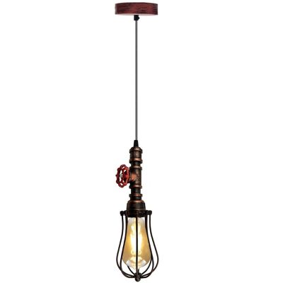 Suspension rouge rustique Steampunk Pipe Light Ballon Cage Lampe Suspendue Luminaire Intérieur Pour Cuisine, Salon ~ 1194 - Avec Ampoule