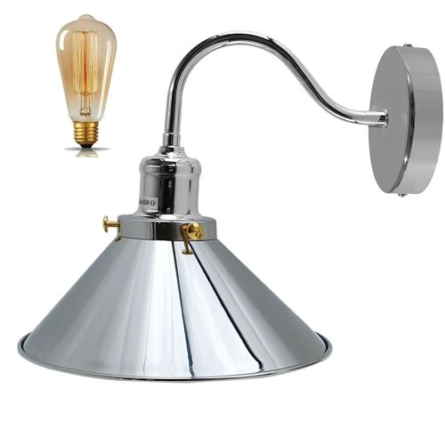 Retro Industrial Swan Neck Wall Light Indoor Sconce Metal Cone Shape Shade For  Basement, Bedroom, Dining Room, Garage~1196 - Chrome - With Bulb