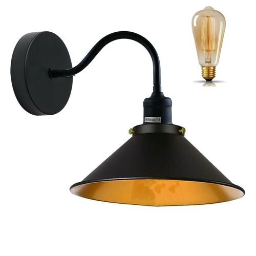 Retro Industrial Swan Neck Wall Light Indoor Sconce Metal Cone Shape Shade For  Basement, Bedroom, Dining Room, Garage~1196 - Black - With Bulb