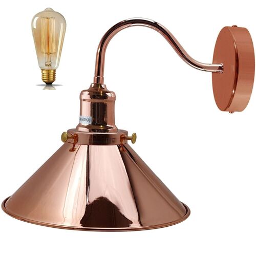 Retro Industrial Swan Neck Wall Light Indoor Sconce Metal Cone Shape Shade For  Basement, Bedroom, Dining Room, Garage~1196 - Rose Gold - With Bulb