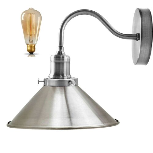 Retro Industrial Swan Neck Wall Light Indoor Sconce Metal Cone Shape Shade For  Basement, Bedroom, Dining Room, Garage~1196 - Satin Nickel - With Bulb